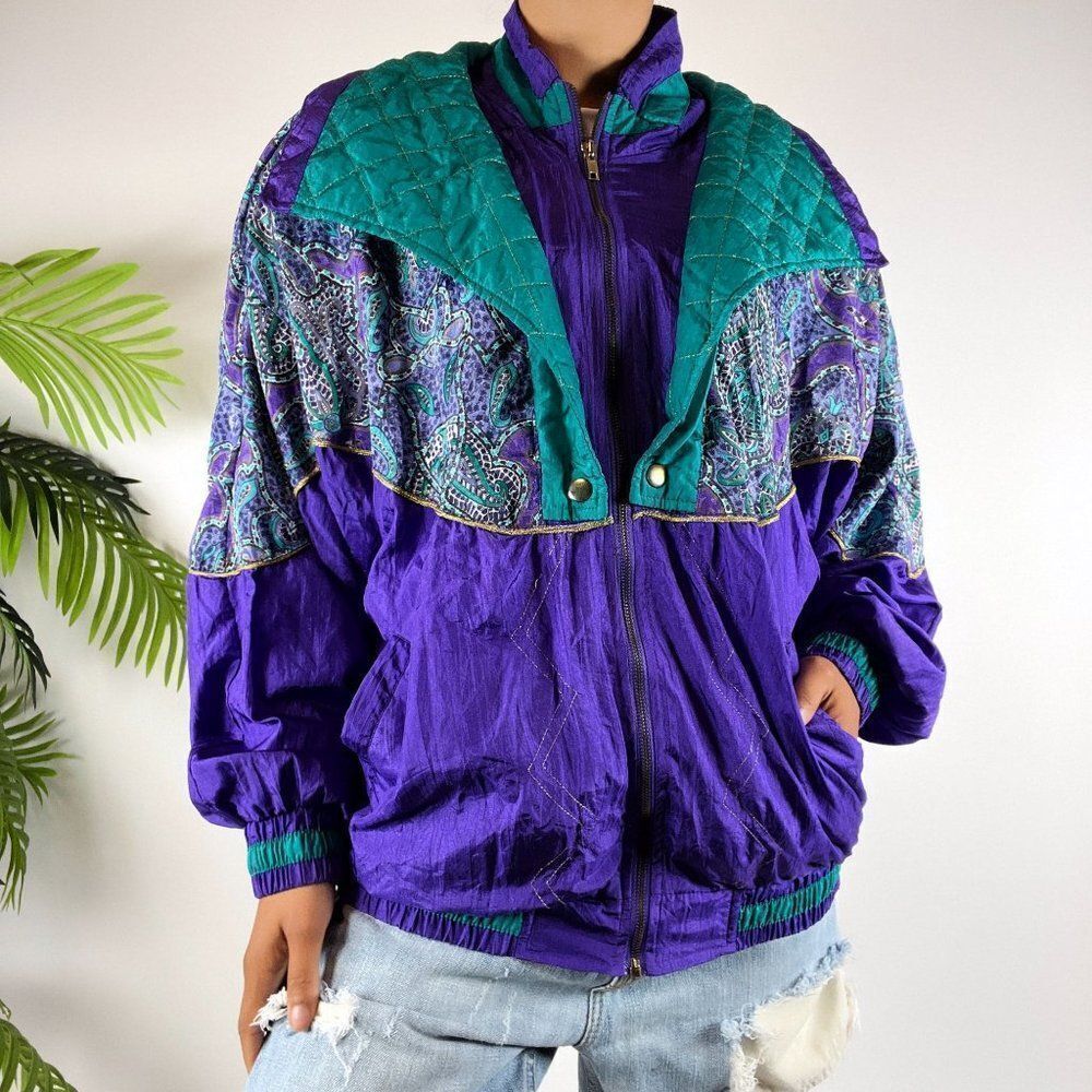Women's Vintage 80s 90s Retro Purple Paisley Casual Windbreaker Jacket / Size: L
